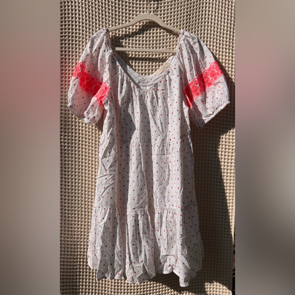 LOFT White Dress with Pink and Orange Dots